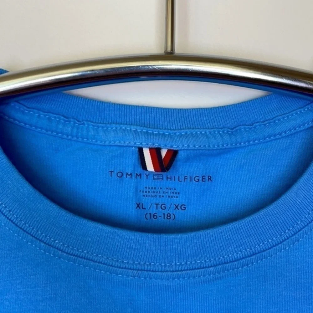 TOMMY HILFIGER | Sky Blue Embroidered Mini Flag Logo Shirt, Youth Size XL